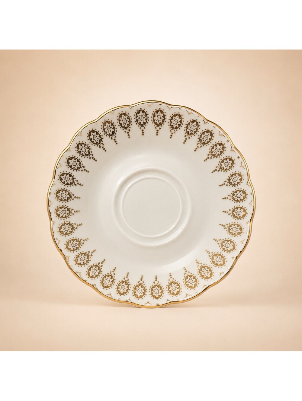 Royal Vale Ridgway 1950s H469 Grey Gold Medallion Bone China Saucer, 5.5”
